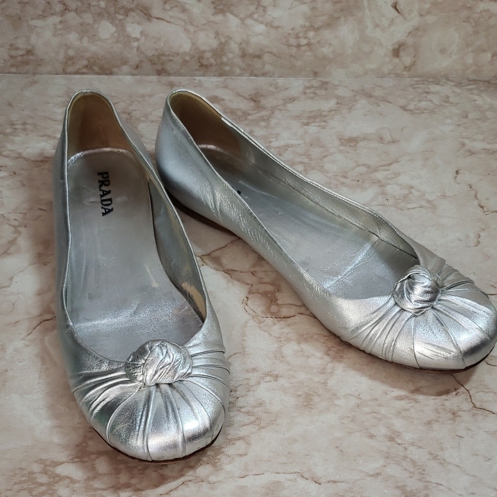 Prada Silver Flats with Knot Bow Detail Size 41
